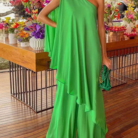 Halter One-Shoulder Jumpsuit Elegant Loose Ruffle Romper - Picture 3 of 4